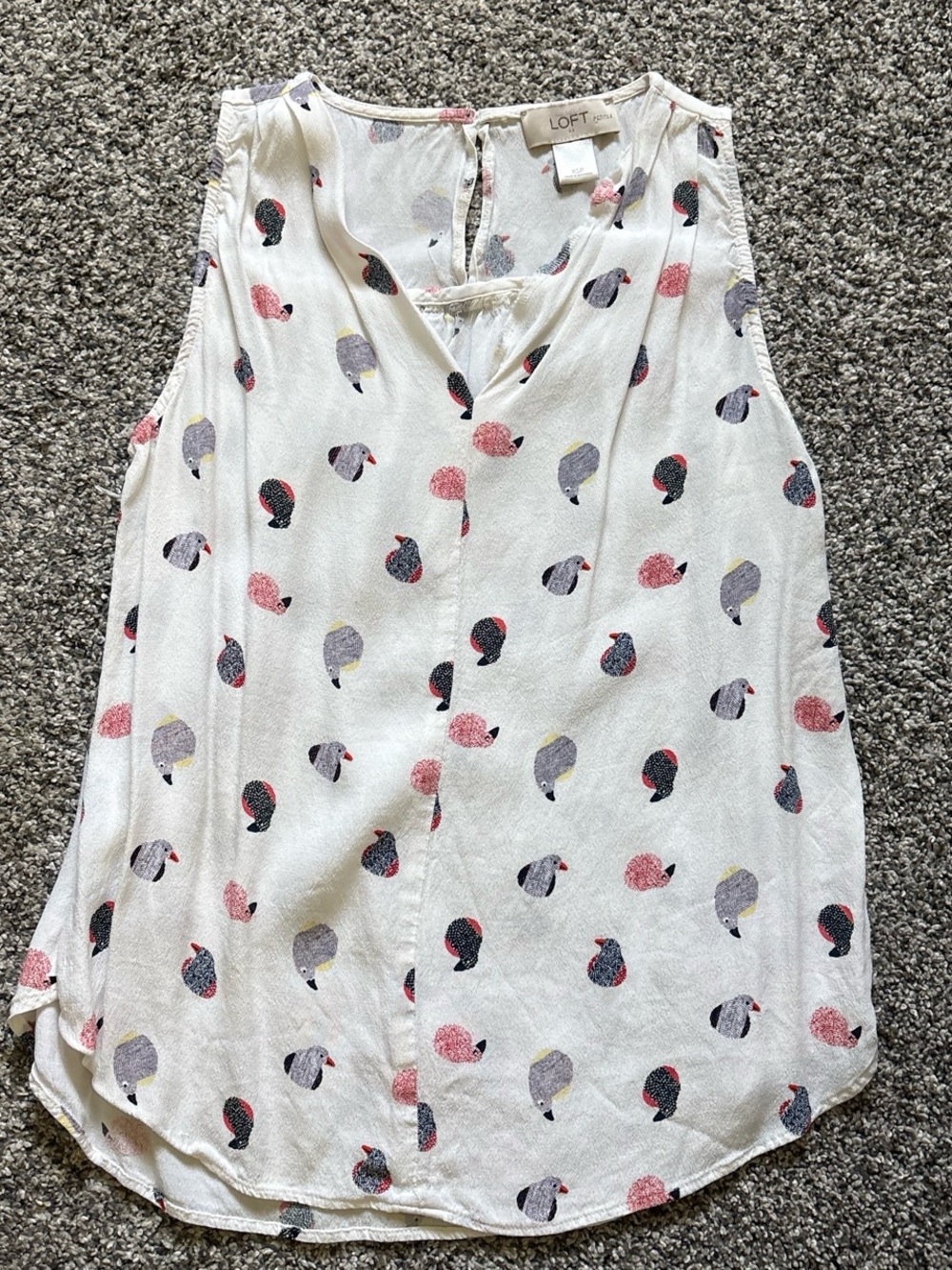 LOFT White Sleeveless V-Neck Shell with Pink, Gray and Black Dot Motif